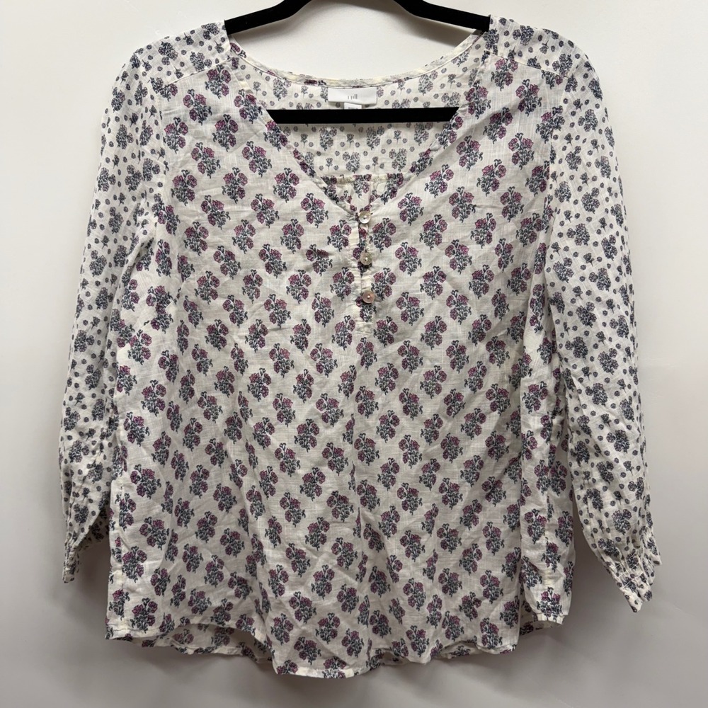 J Jill Womens Petite Sheer Floral Peasant Boho Cottagecore‎ Shirt Blouse Small